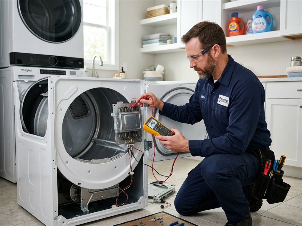 Certified dryer technician testing heating element in Sarasota FL