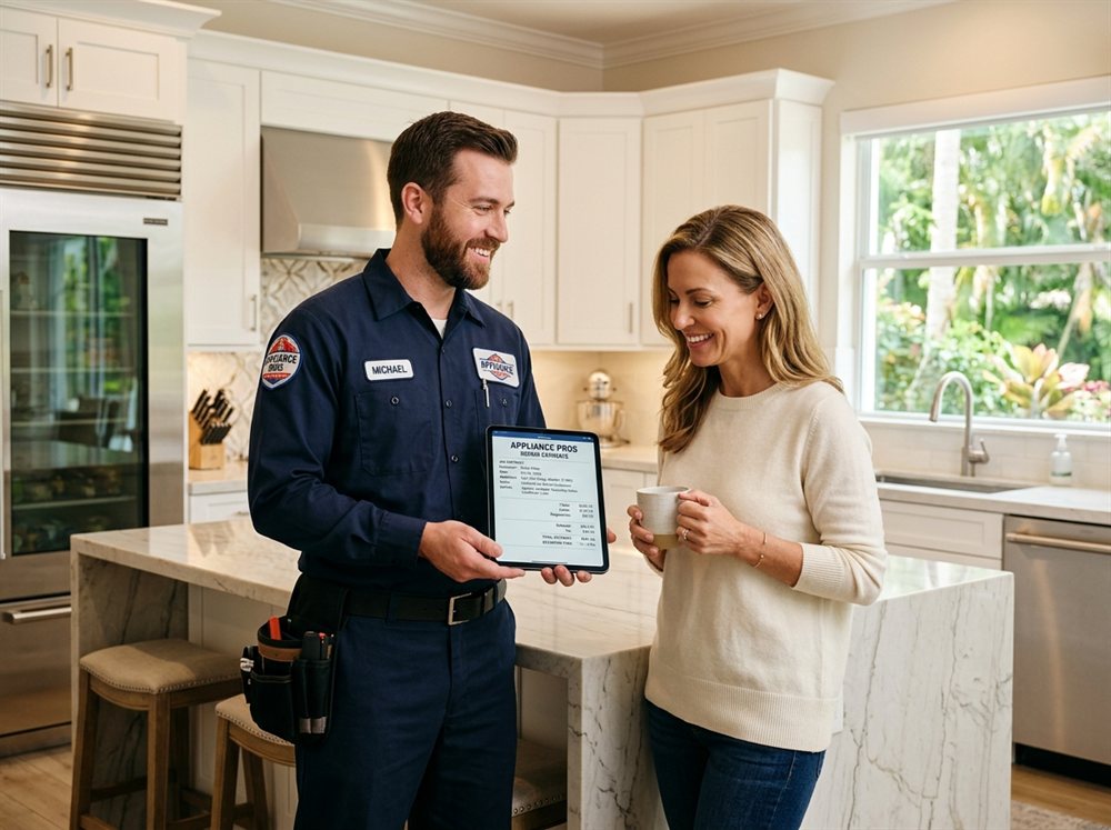 Technician providing transparent upfront pricing to Sarasota homeowner
